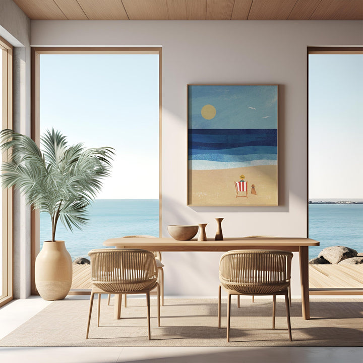 Modern dining room with ocean view, table, chairs, and beach-themed artwork.