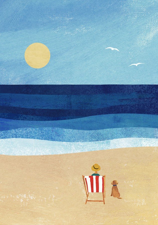 Artistic depiction of a person in a striped chair with a dog on a beach under a blue sky with a yellow sun. framed