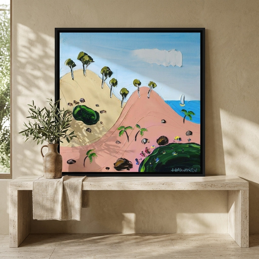 Canvas wall art with a black surround standing on a console in a Mediterranean bedroom