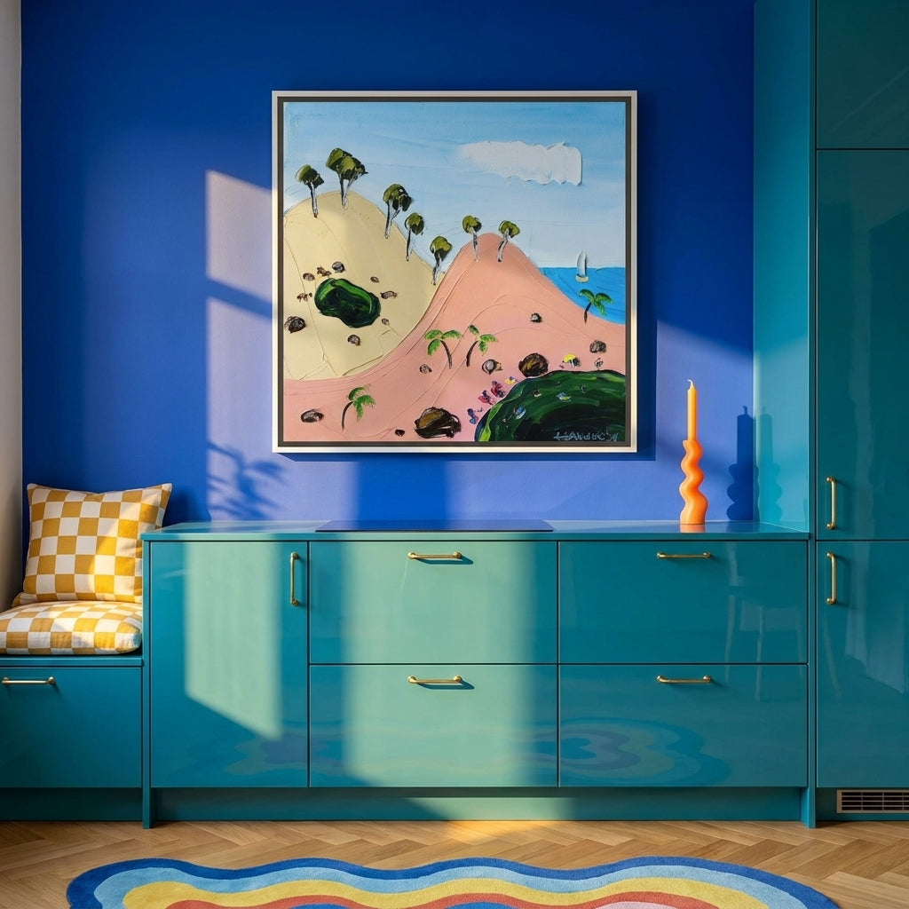 Canvas wall art with a white surround styled on the wall in a colourful eclectic kitchen