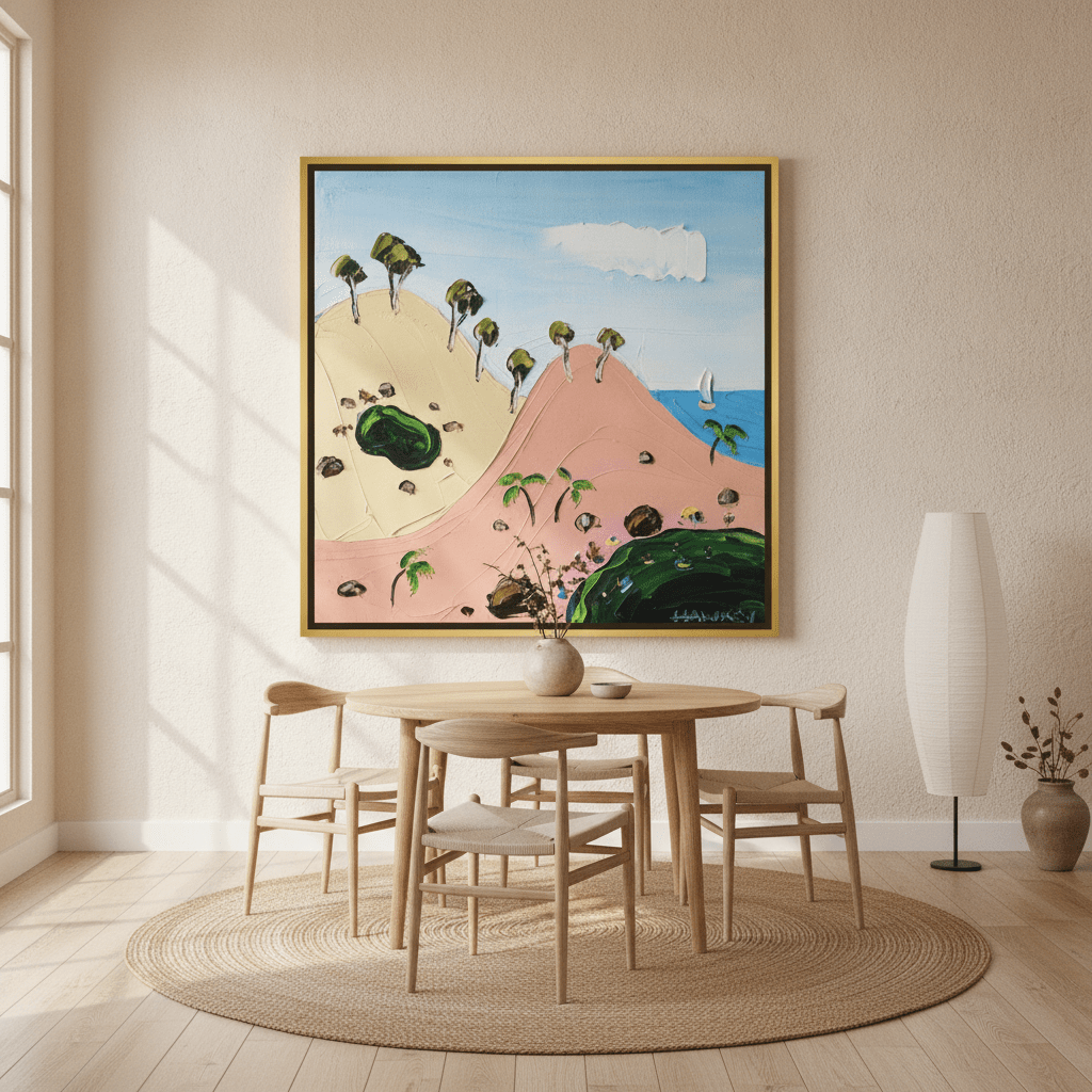 Oversized statement canvas wall art with a gold leaf surround styled on the wall in a warm Japandi dining room