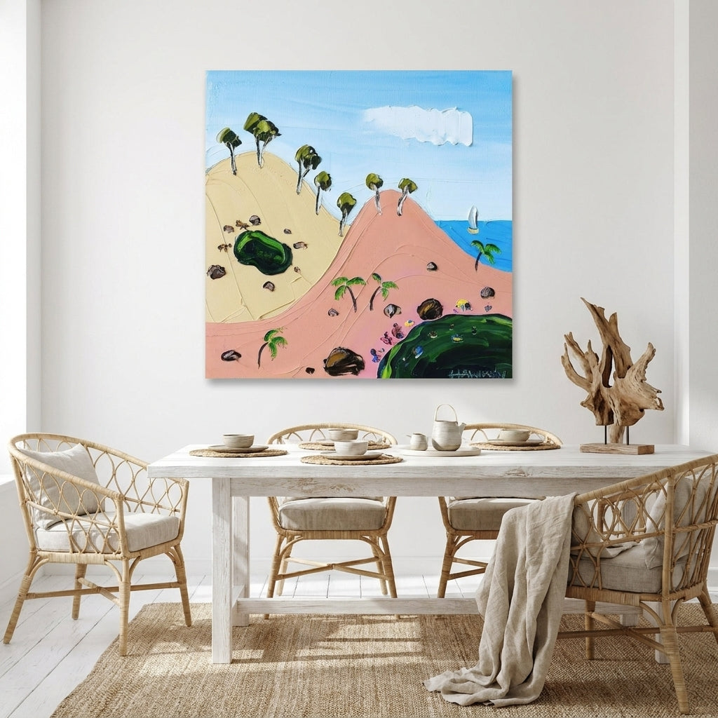 Stretched canvas wall art styled on the wall in a coastal dining room