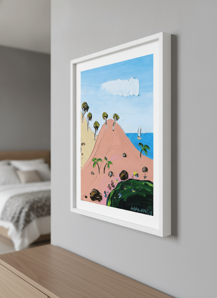 Minimalist artwork displayed in a calm, light-filled bedroom interior
