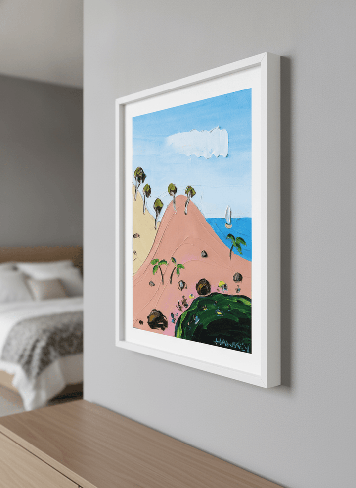 Minimalist artwork displayed in a calm, light-filled bedroom interior