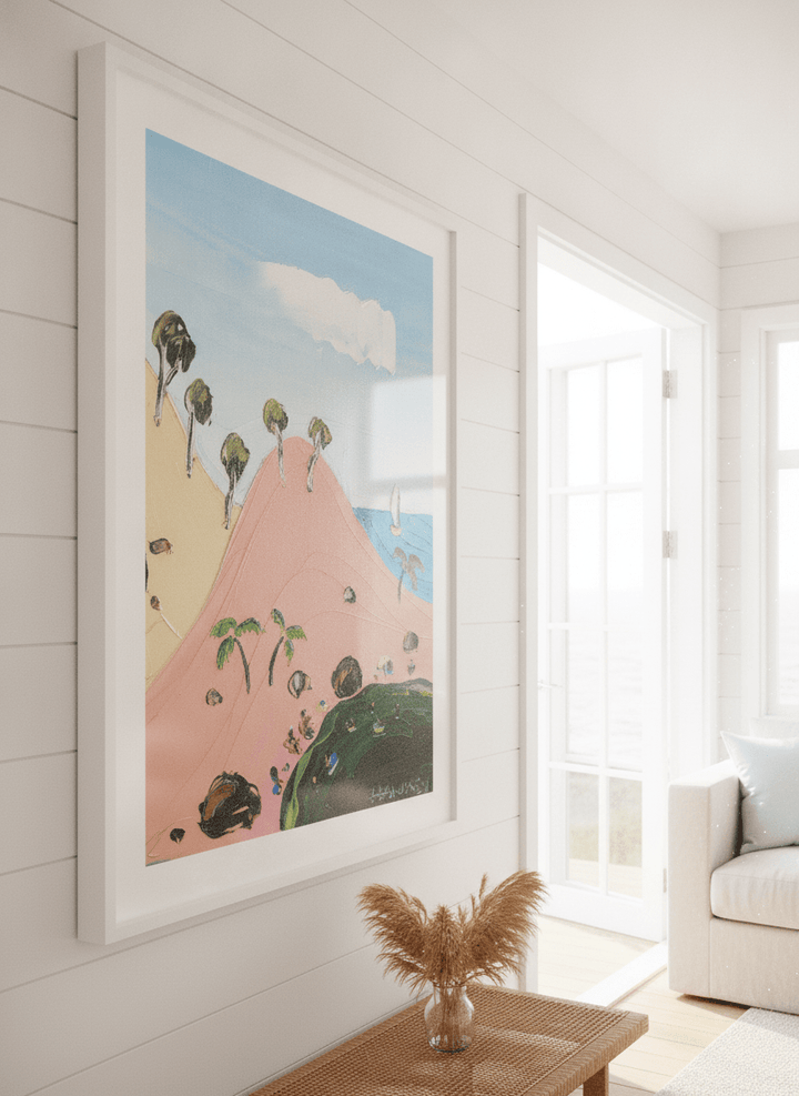 Neutral wall art displayed in a sunny coastal beach house