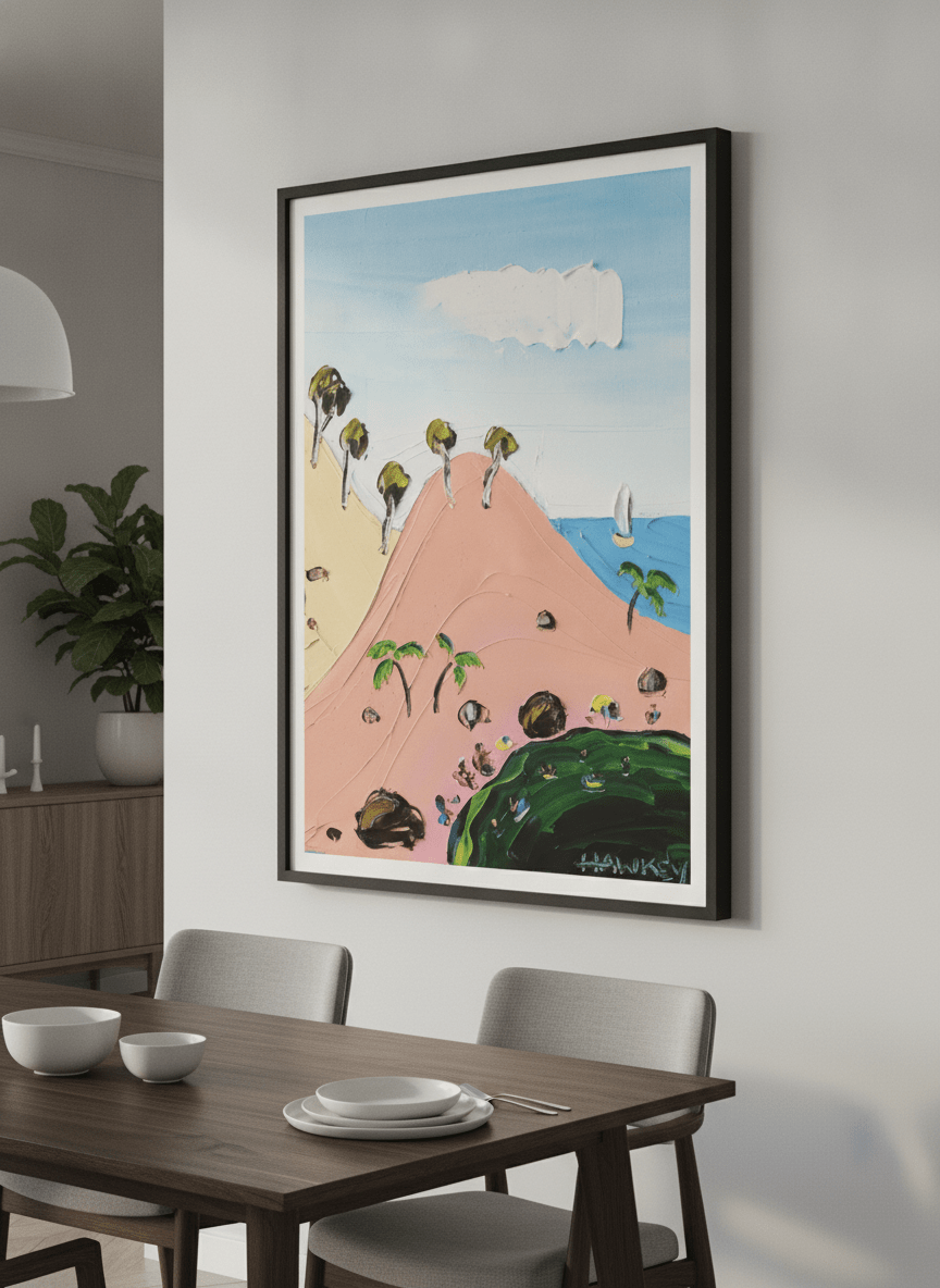 Wall art styled above a dining table in a contemporary home