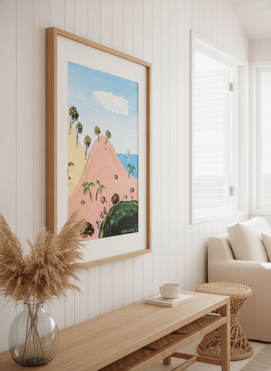 Neutral wall art displayed in a sunny coastal beach house