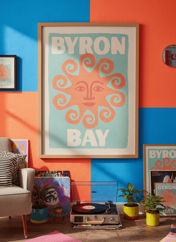 Bold wall art styled in a colourful, eclectic modern home