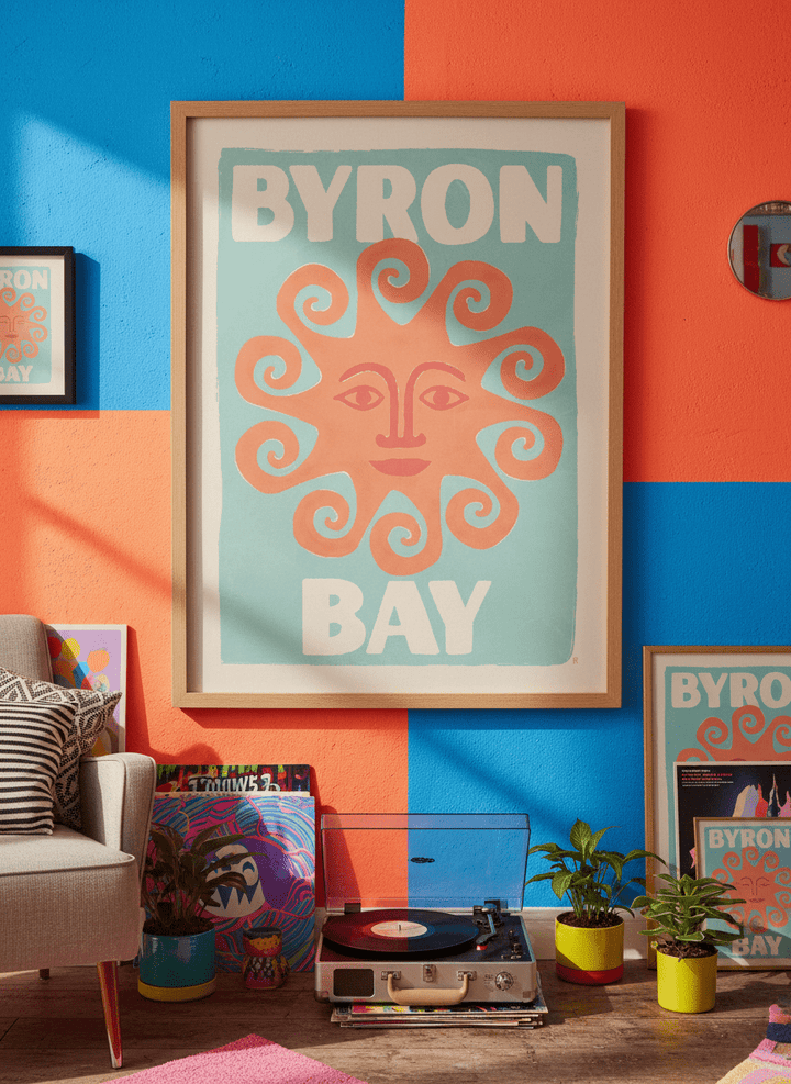 Bold wall art styled in a colourful, eclectic modern home