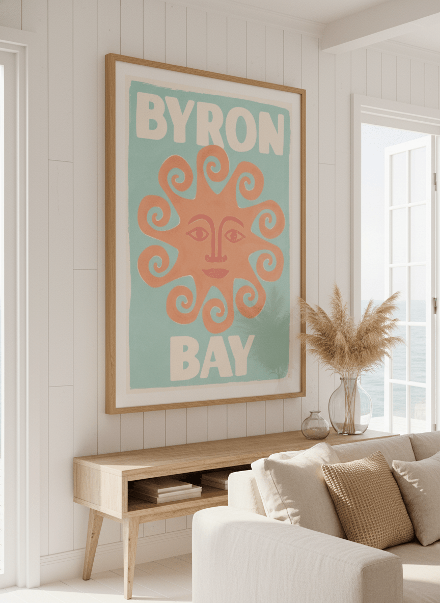 Neutral wall art displayed in a sunny coastal beach house