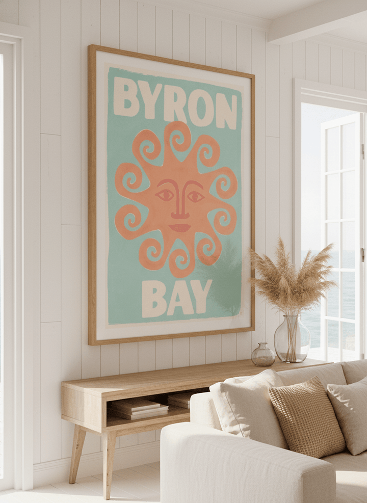Neutral wall art displayed in a sunny coastal beach house