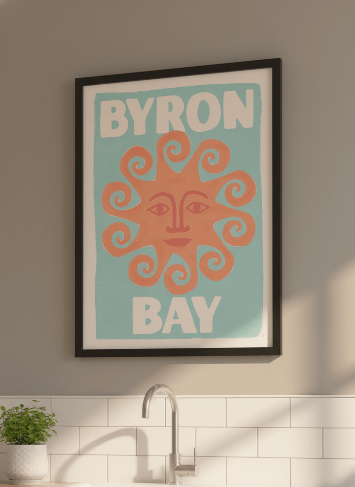 Artwork styled on the wall of a bright modern kitchen