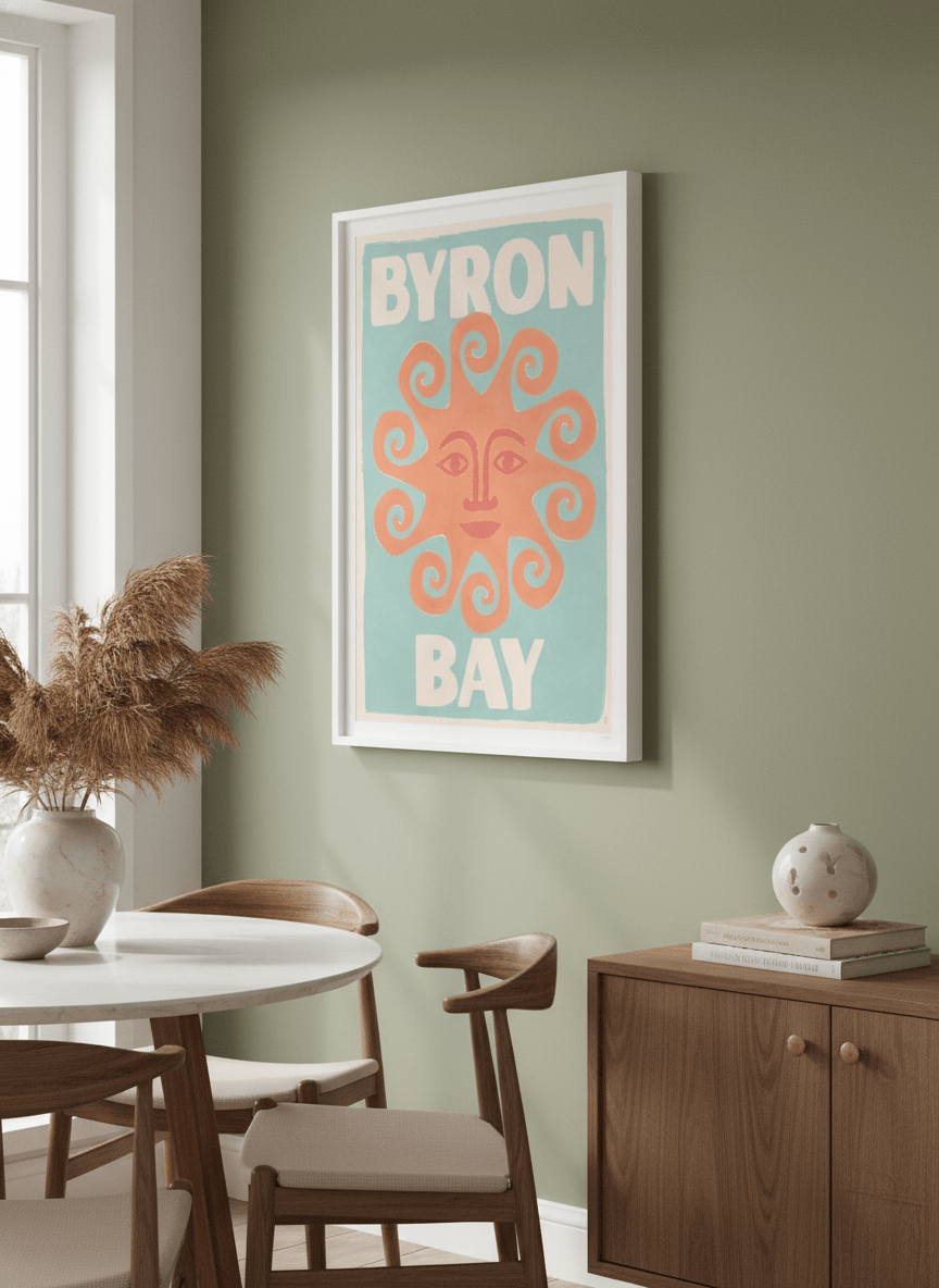 Wall art styled above a dining table in a contemporary home