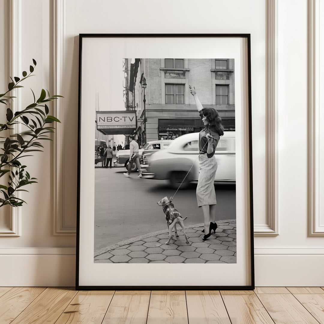 Wall art girl hailing cab black print poster