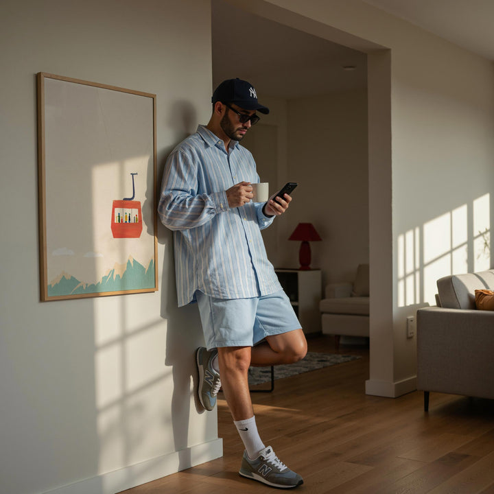 Man in a casual outfit standing in a living room using a phone and holding a cup.