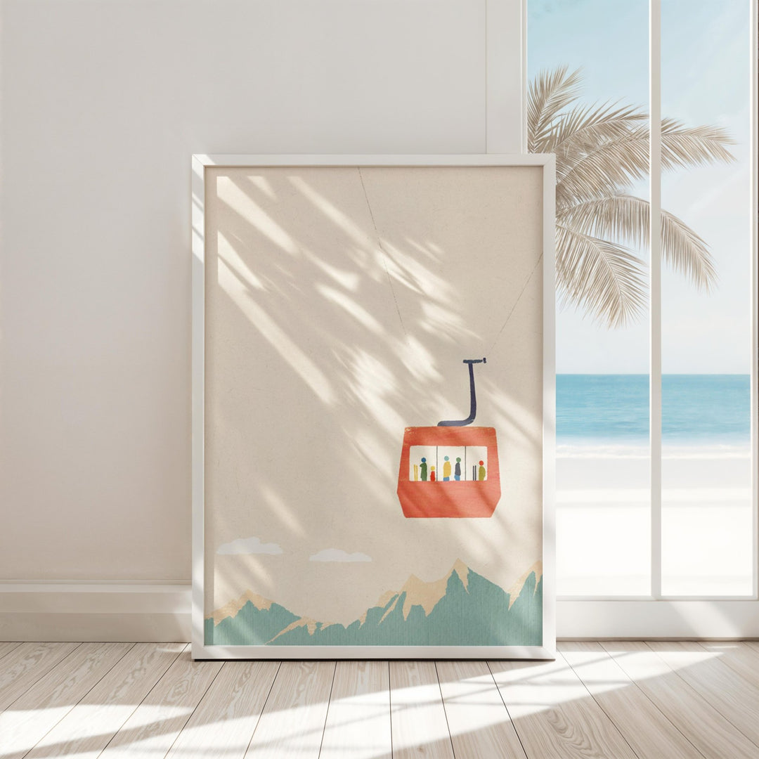artwork of a cable car with mountains and palm tree in a room with a window.