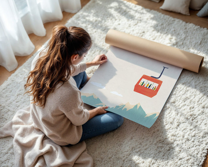 Woman unrolling a large poster on a light-colored rug