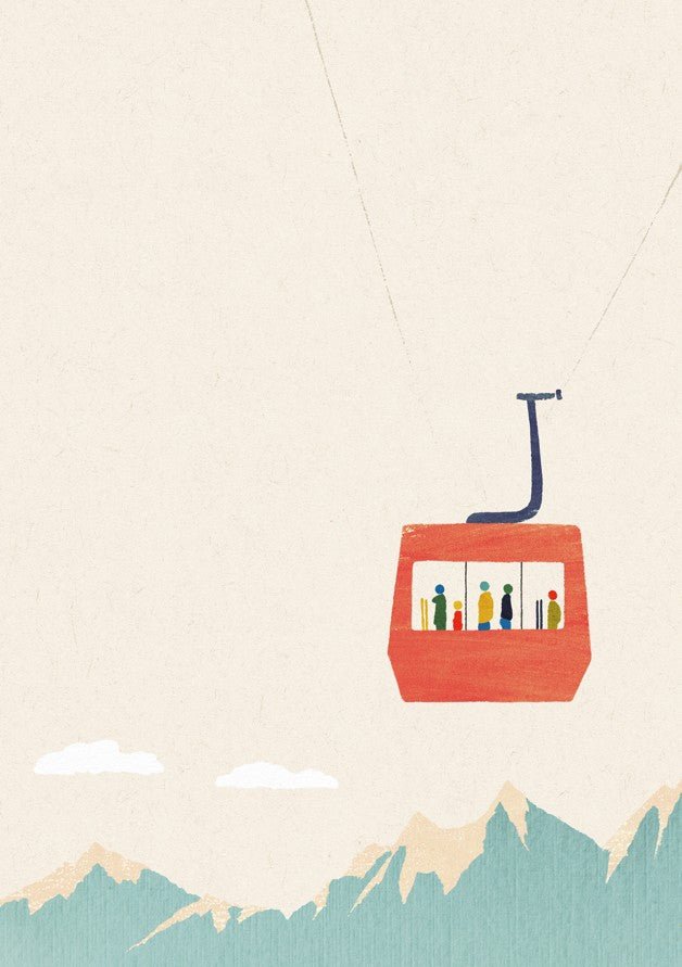 Illustration of a red cable car with people against a beige background. frame