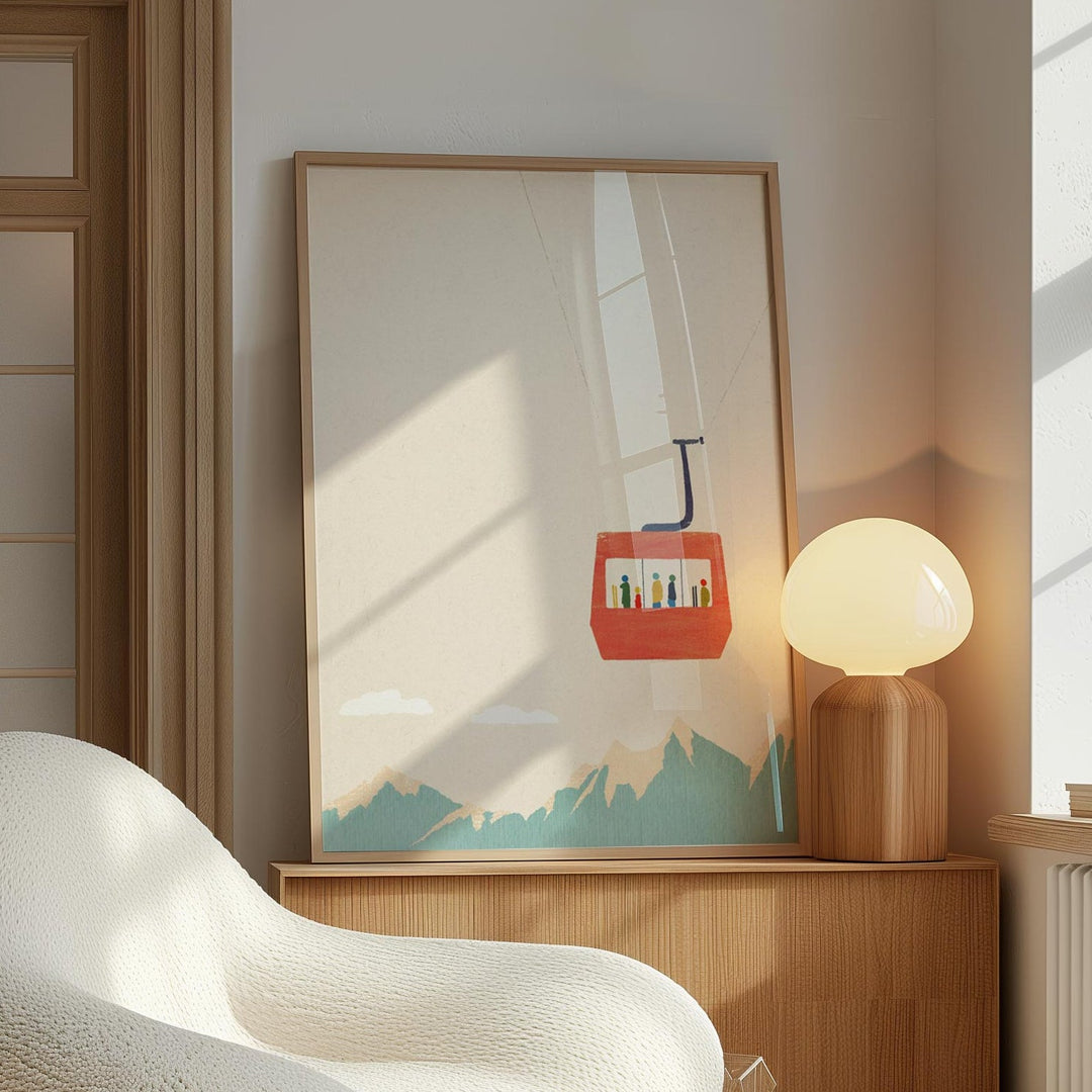 Modern living room with a white armchair, wooden coffee table, and abstract art on the wall.