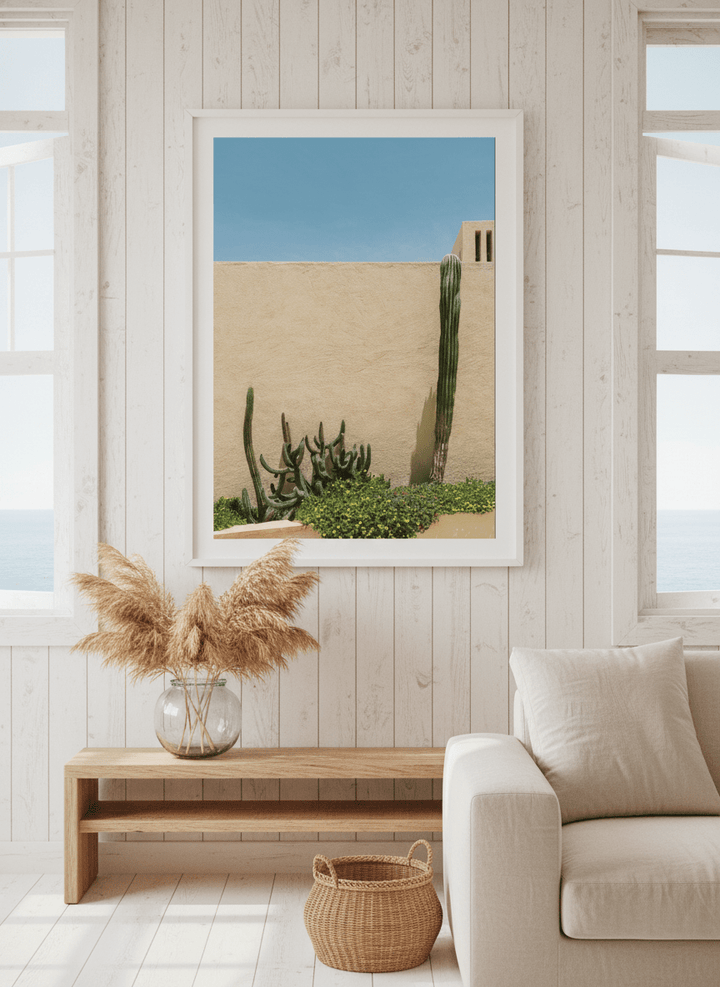 Neutral wall art displayed in a sunny coastal beach house