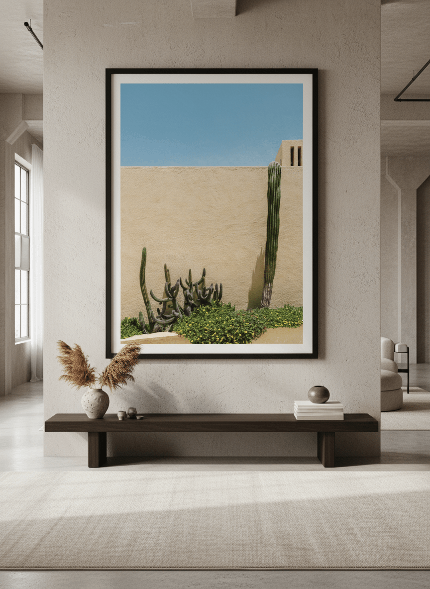 Monumental artwork centred on a feature wall in a luxe interior