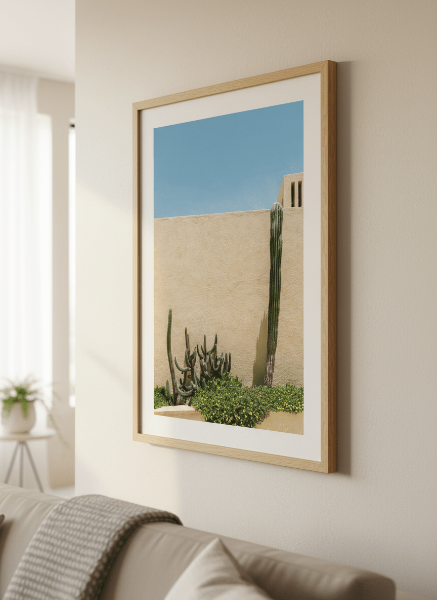 Modern wall art styled above a sofa in a neutral living room