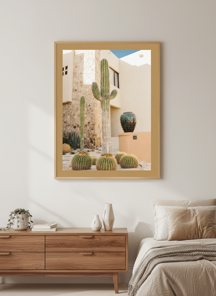 Minimalist artwork displayed in a calm, light-filled bedroom interior