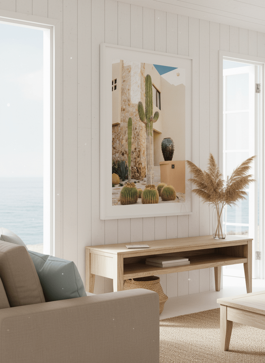 Neutral wall art displayed in a sunny coastal beach house