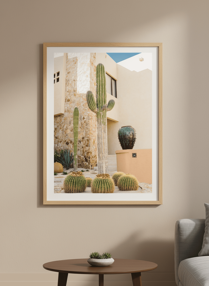 Modern wall art styled above a sofa in a neutral living room