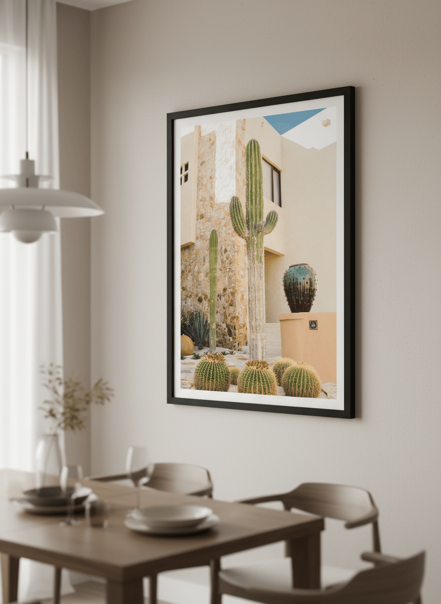 Wall art styled above a dining table in a contemporary home