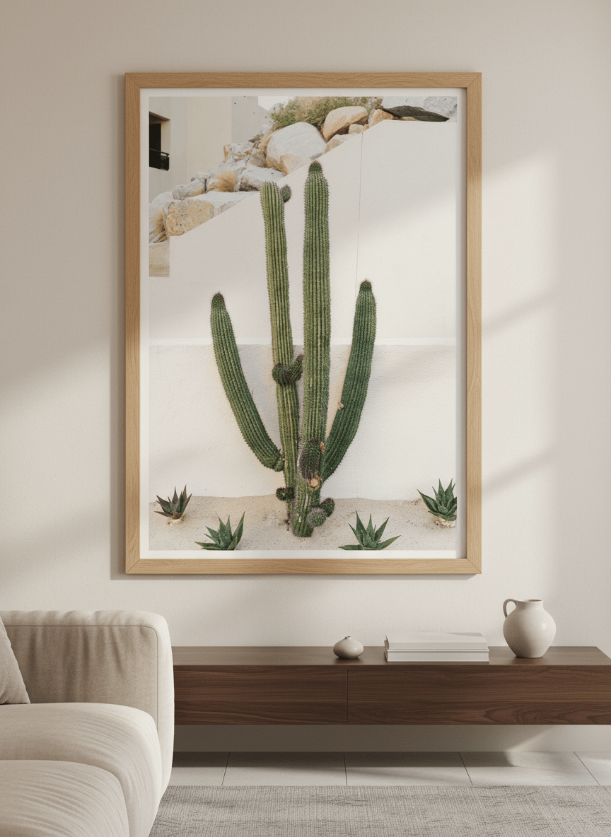 Modern wall art styled above a sofa in a neutral living room