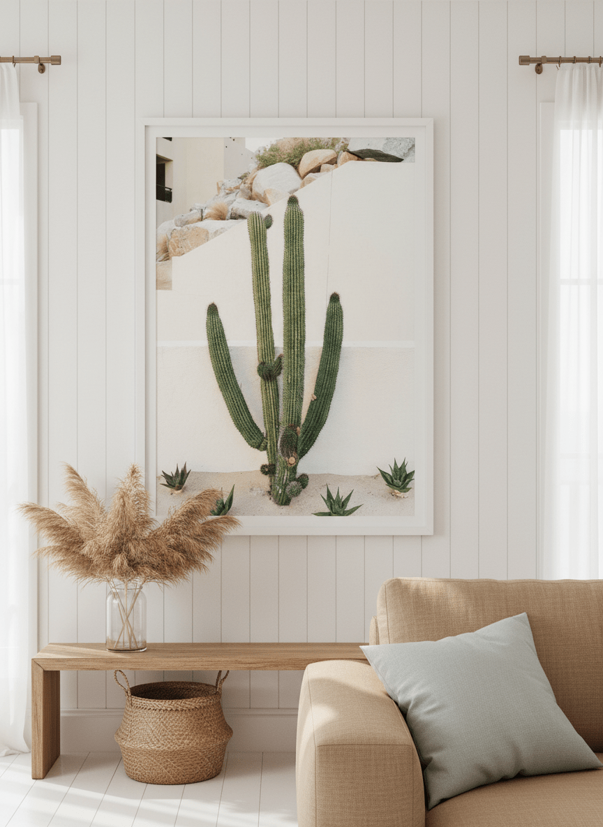 Neutral wall art displayed in a sunny coastal beach house