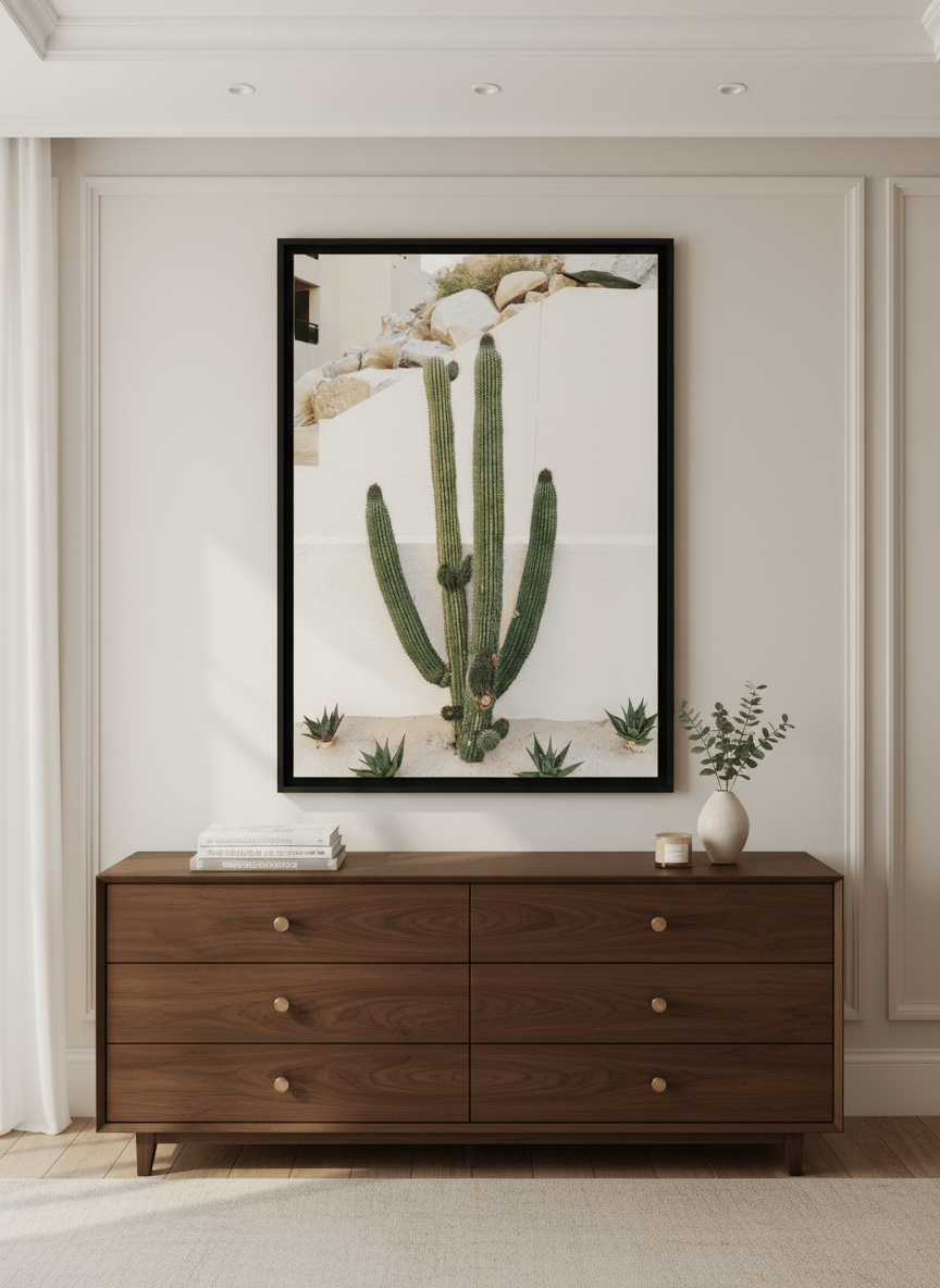 Monumental artwork centred on a feature wall in a luxe interior