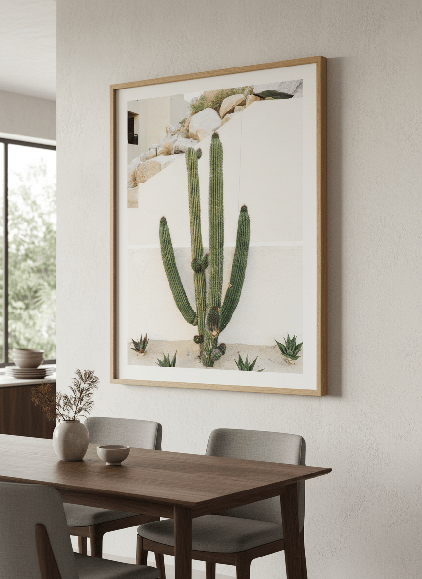 Wall art styled above a dining table in a contemporary home