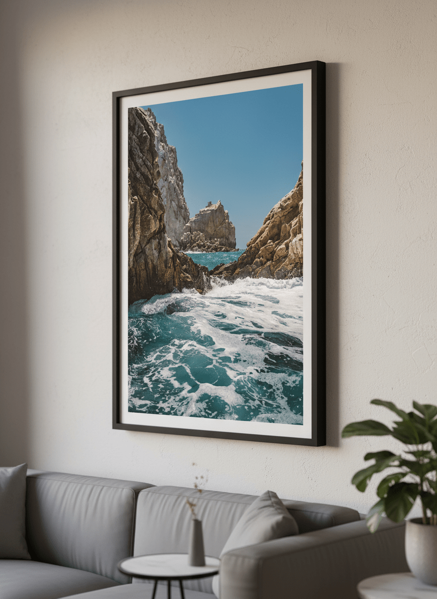 Modern wall art styled above a sofa in a neutral living room