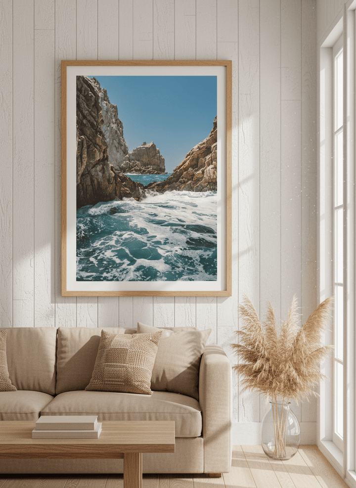Neutral wall art displayed in a sunny coastal beach house