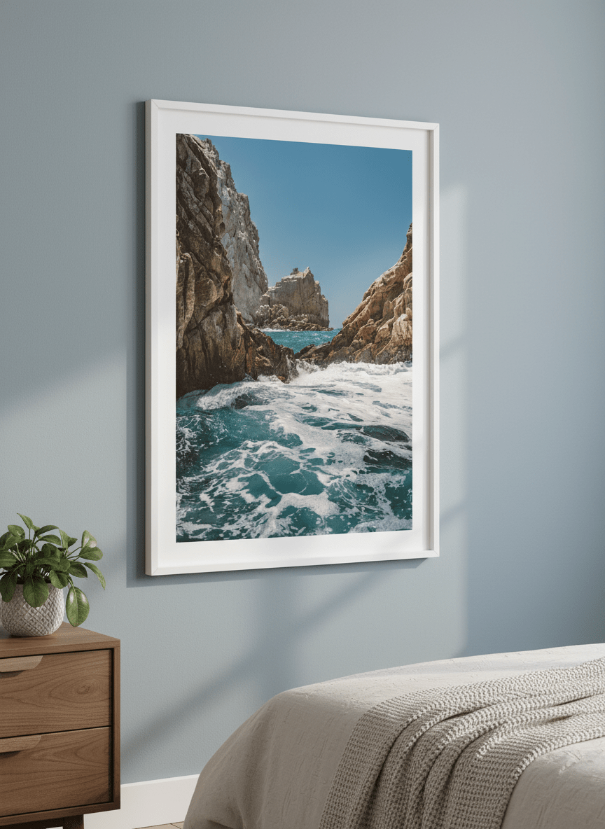 Minimalist artwork displayed in a calm, light-filled bedroom interior
