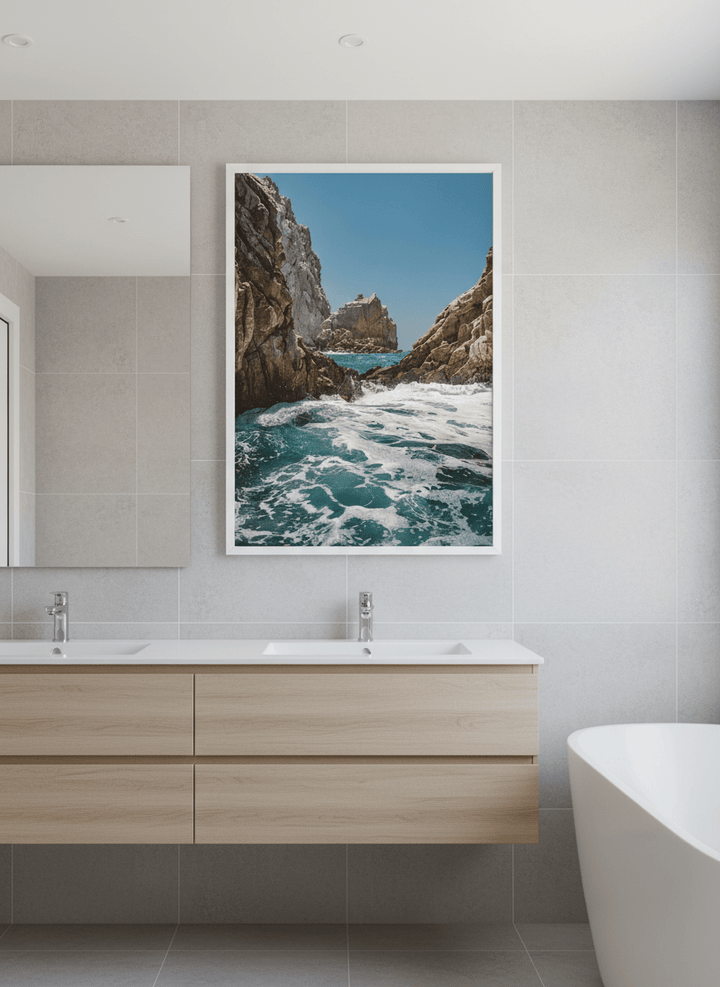 Modern print displayed in a clean minimalist bathroom setting