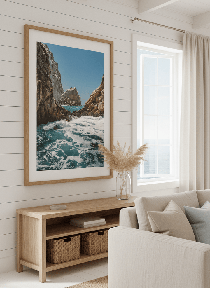 Neutral wall art displayed in a sunny coastal beach house