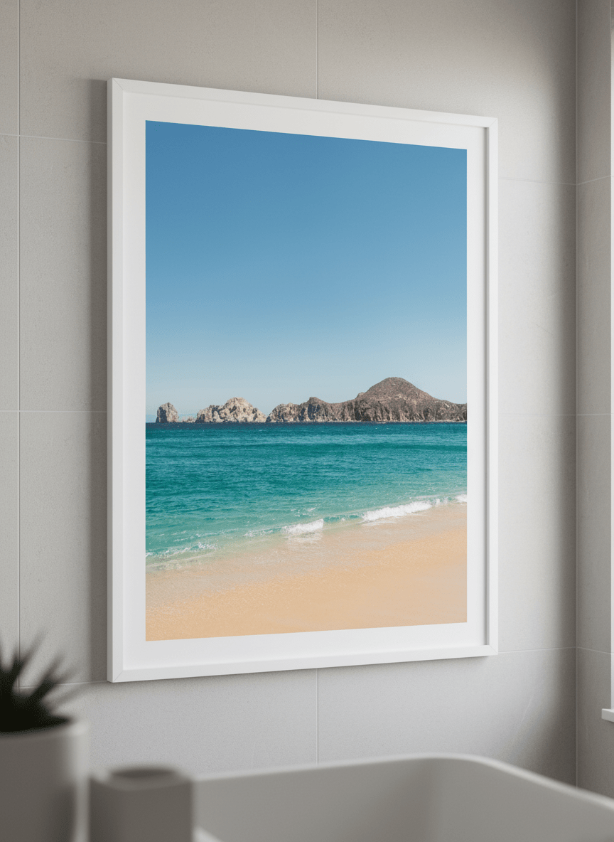 Modern print displayed in a clean minimalist bathroom setting
