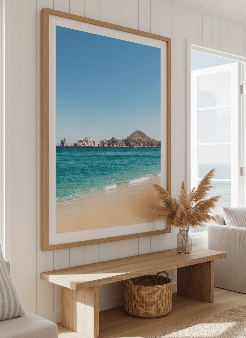 Neutral wall art displayed in a sunny coastal beach house