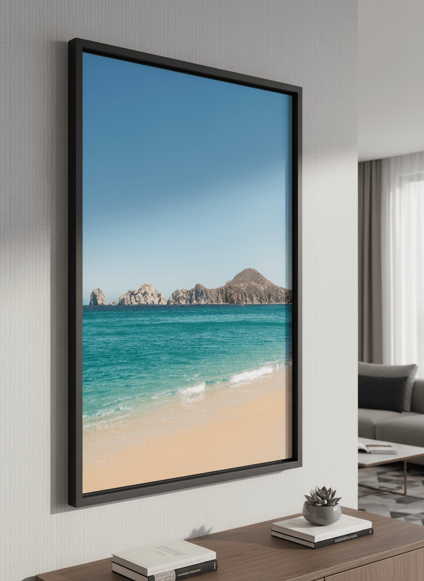 Modern wall art styled above a sofa in a neutral living room