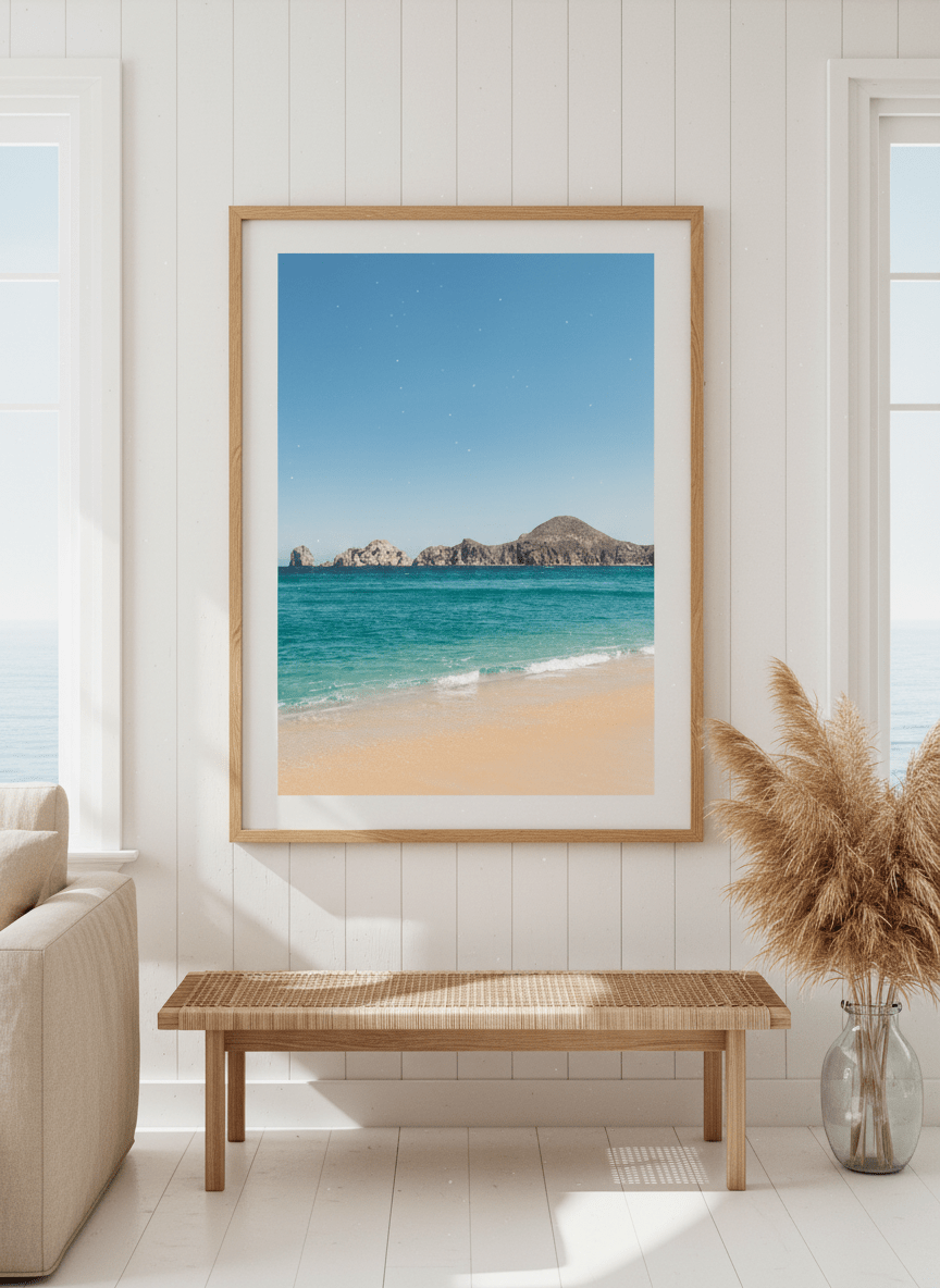 Neutral wall art displayed in a sunny coastal beach house