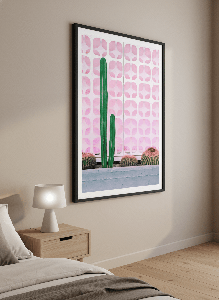 Minimalist artwork displayed in a calm, light-filled bedroom interior