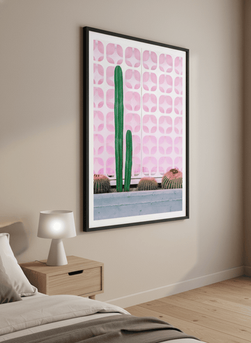 Minimalist artwork displayed in a calm, light-filled bedroom interior