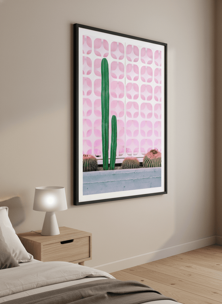 Minimalist artwork displayed in a calm, light-filled bedroom interior