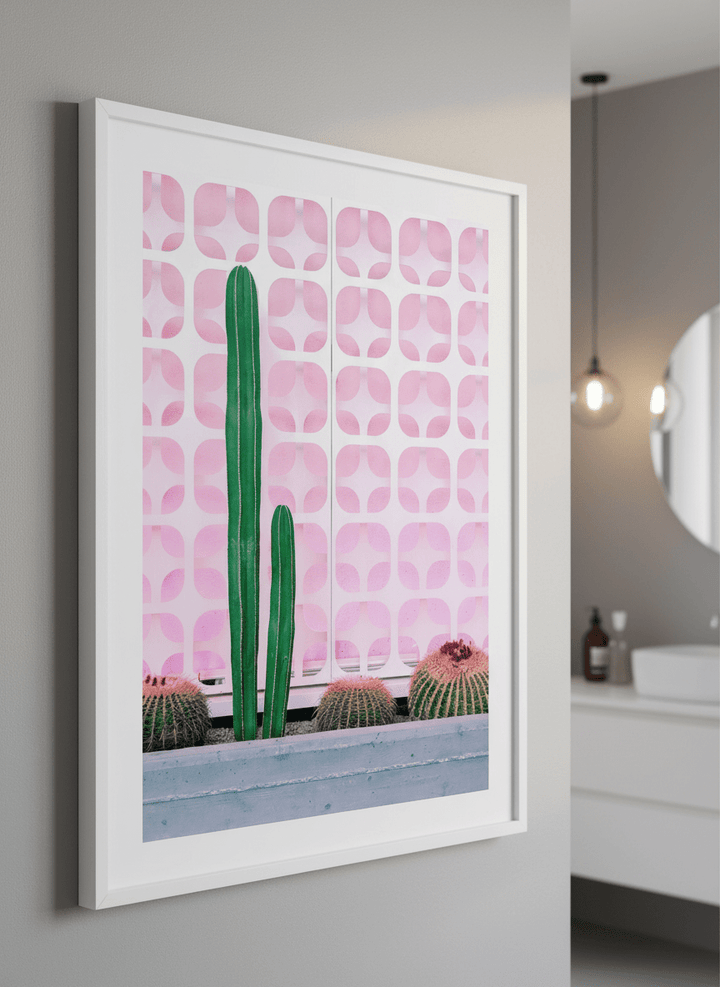 Modern print displayed in a clean minimalist bathroom setting