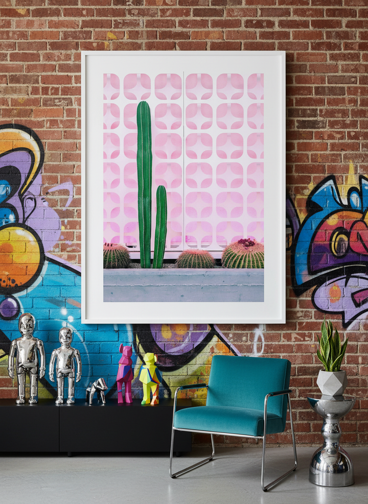 Bold wall art styled in a colourful, eclectic modern home
