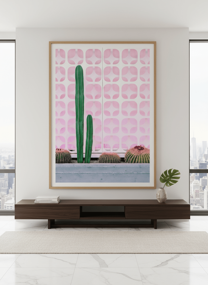 Monumental artwork centred on a feature wall in a luxe interior