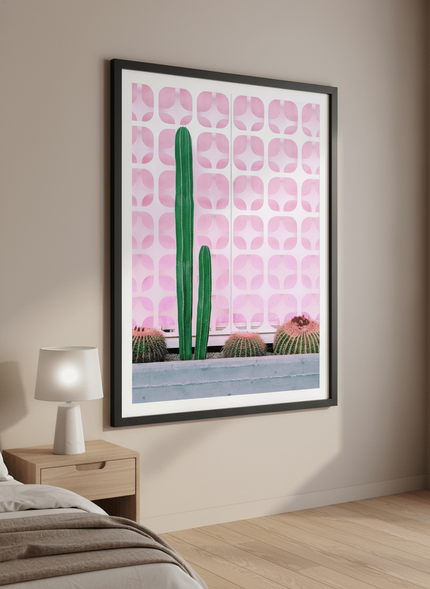 Minimalist artwork displayed in a calm, light-filled bedroom interior